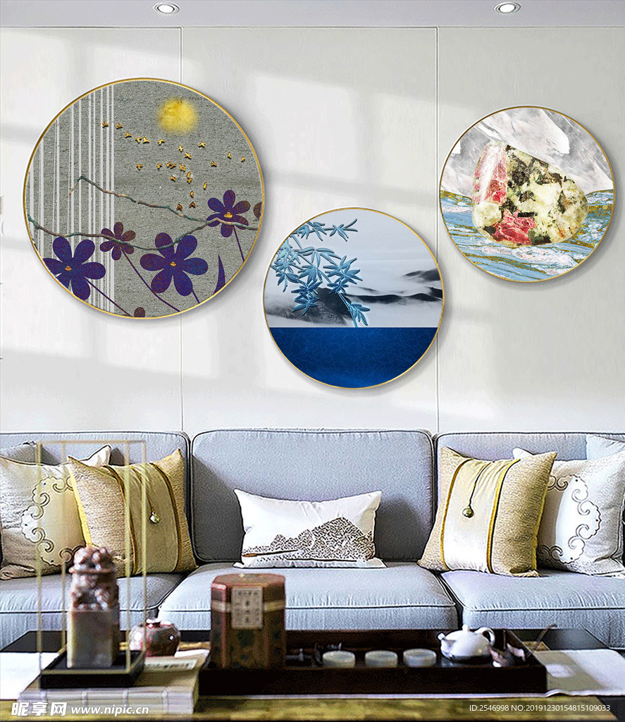 花鸟圆形三联画