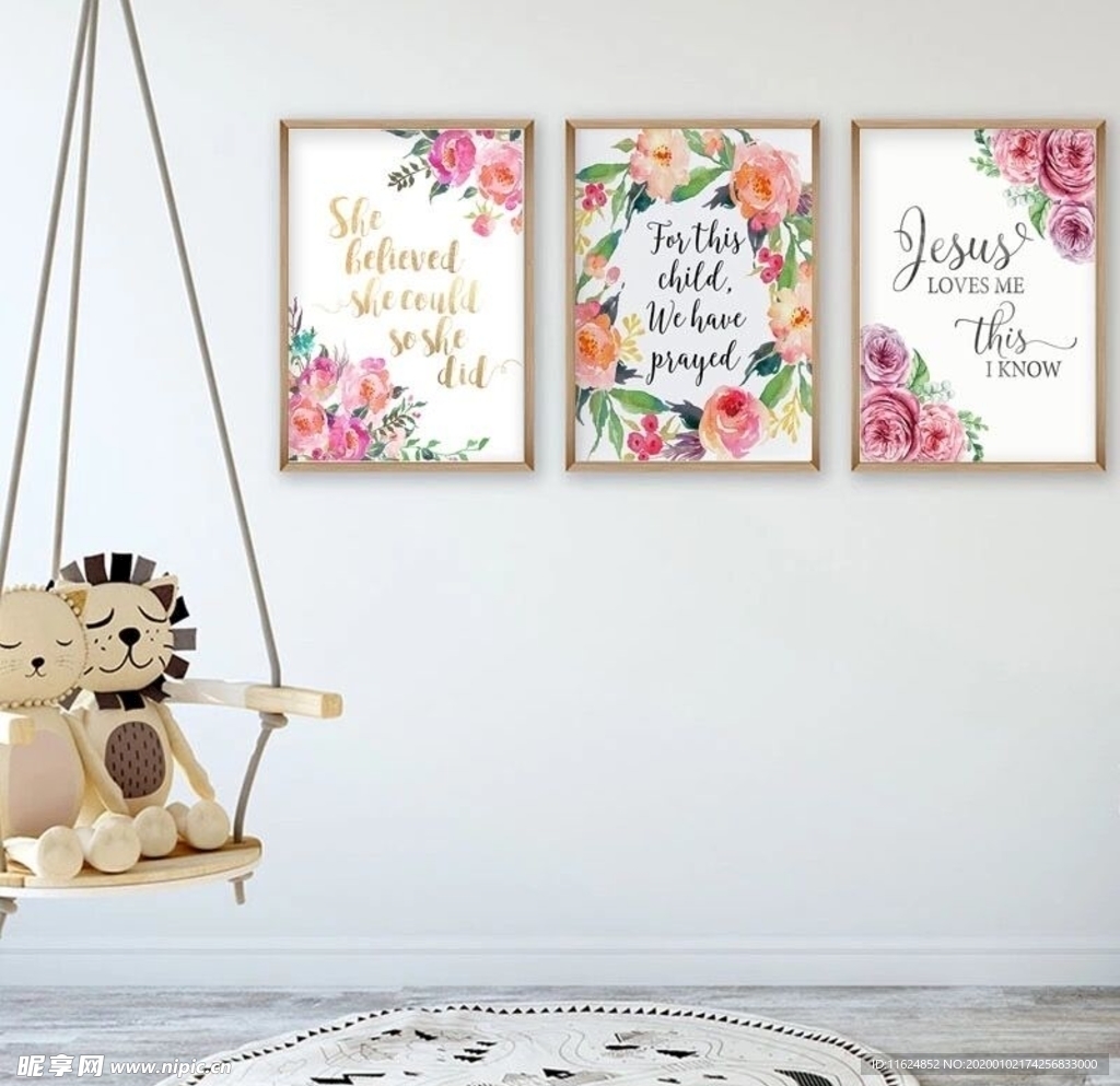 手绘卡通花环花卉公主房装饰画