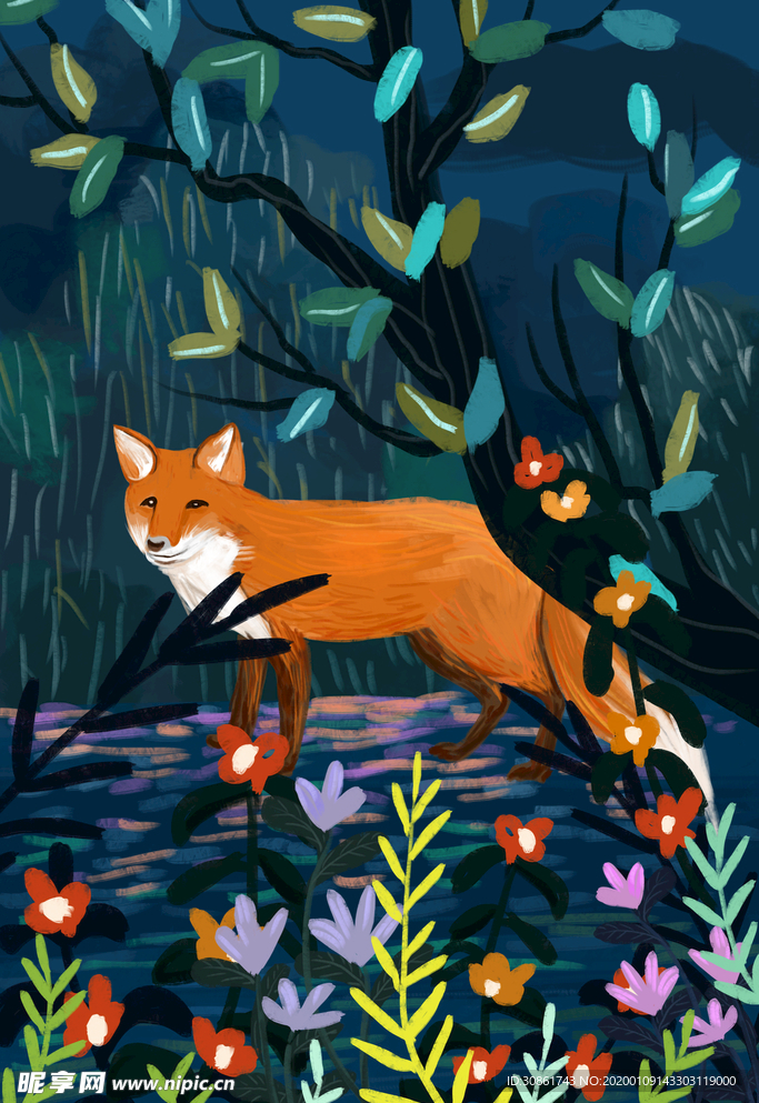 手绘复古动物画 狼