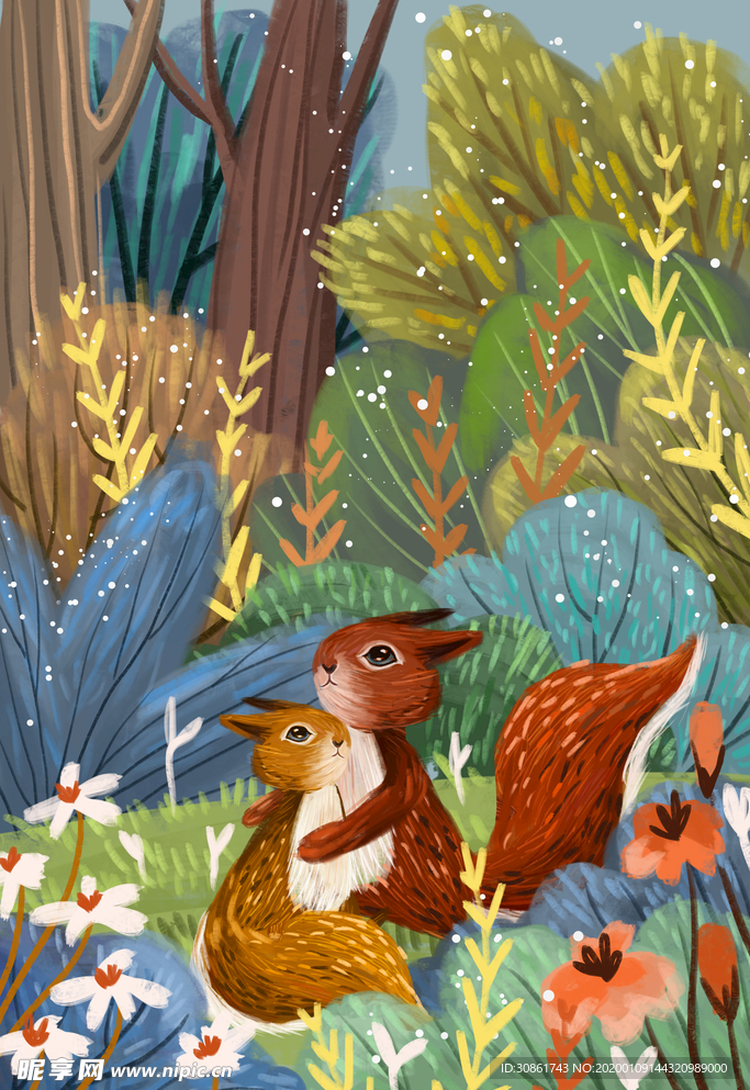 手绘复古动物画 松鼠