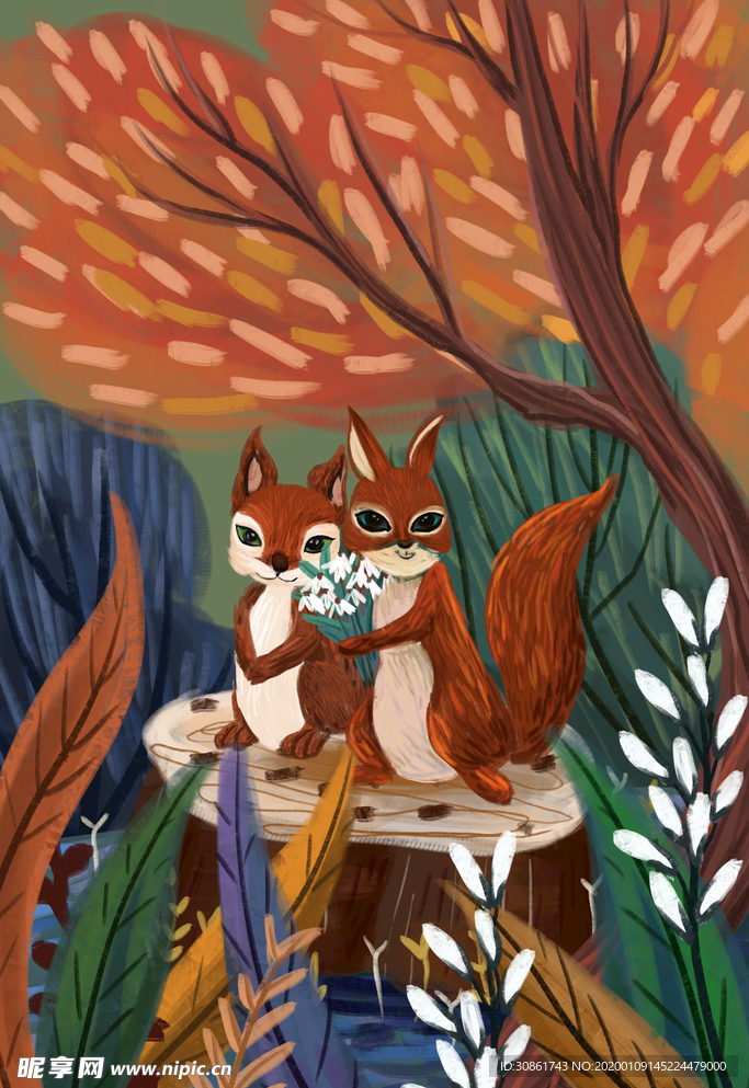 手绘复古动物画 松鼠