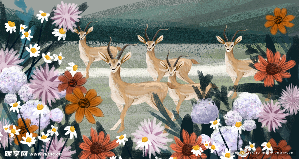 手绘复古动物画 羚羊