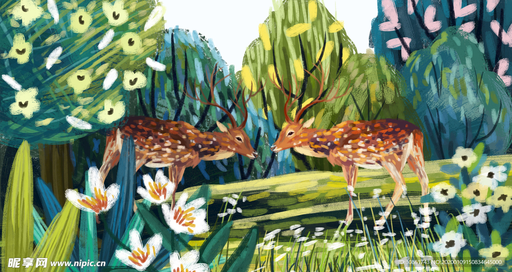 手绘复古动物画 鹿