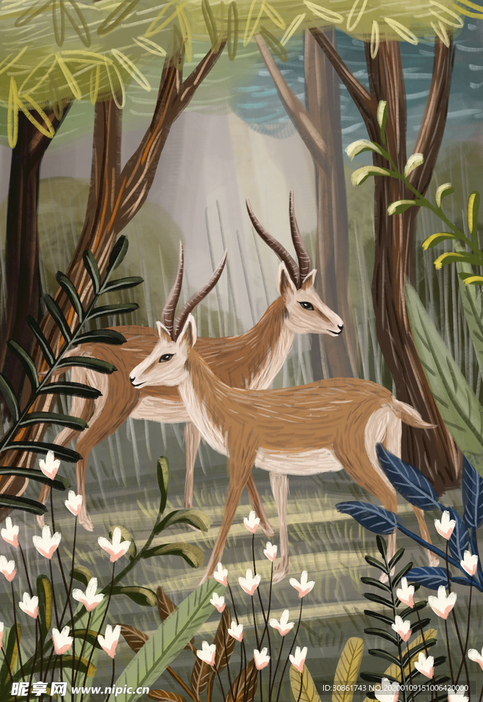 手绘复古动物画 羚羊