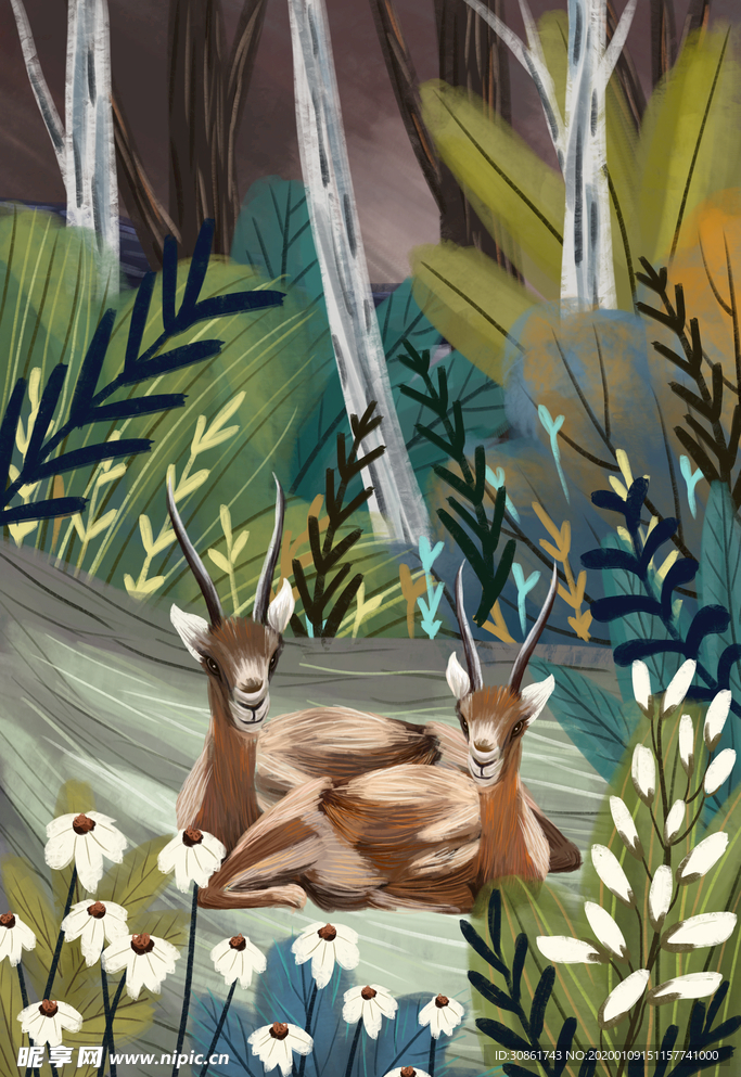 手绘复古动物画 羚羊