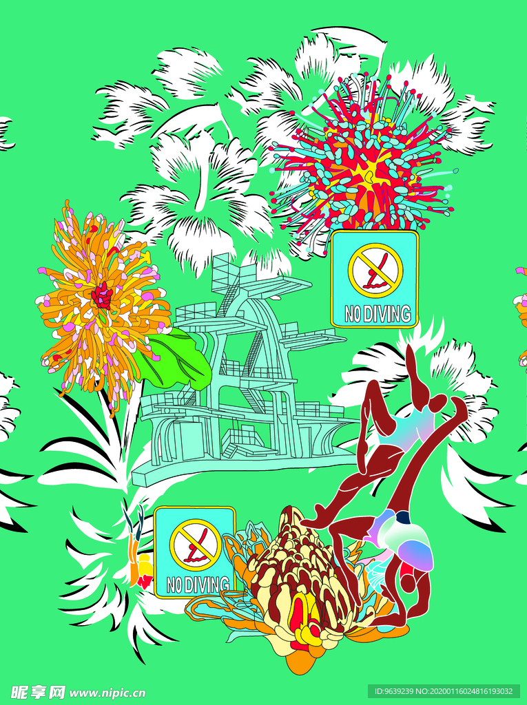 抽象体育建筑印花