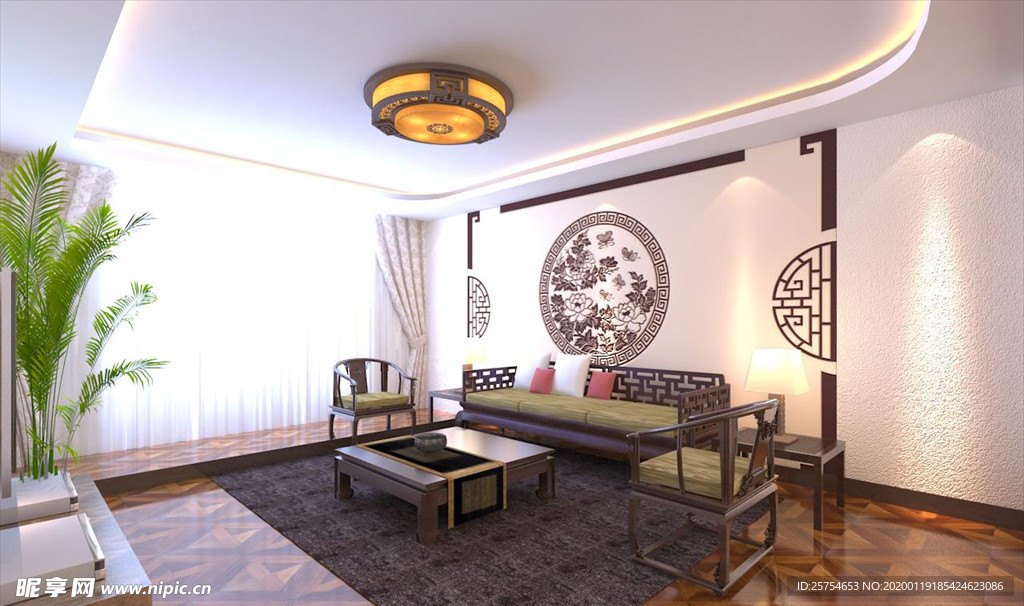 中式 圆形 端景 牡丹花