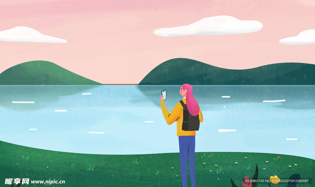 女孩看海插画