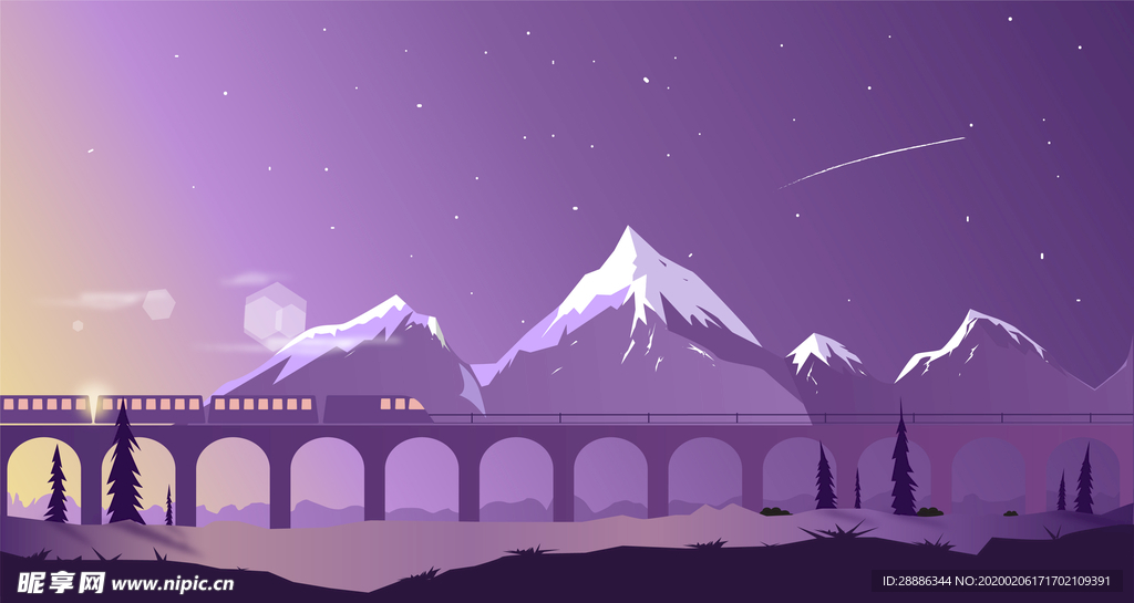 插画 扁平 山 火车