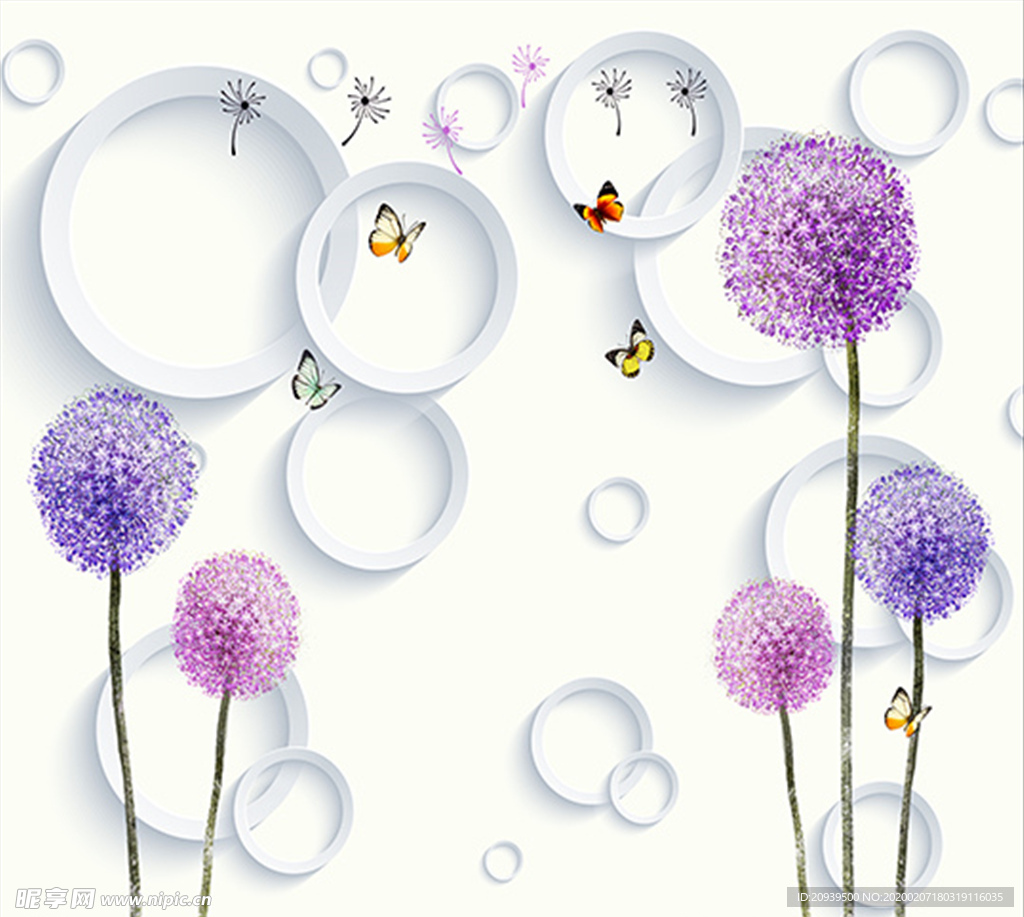 3D圆圈蒲公英背景墙