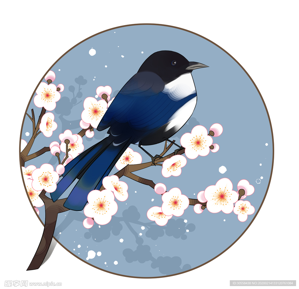 蓝色花喜鹊梅花