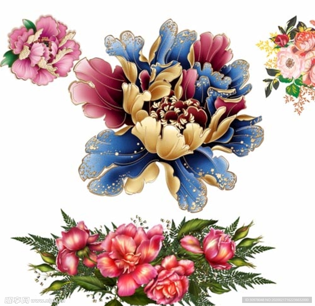 国画牡丹花红花金色花