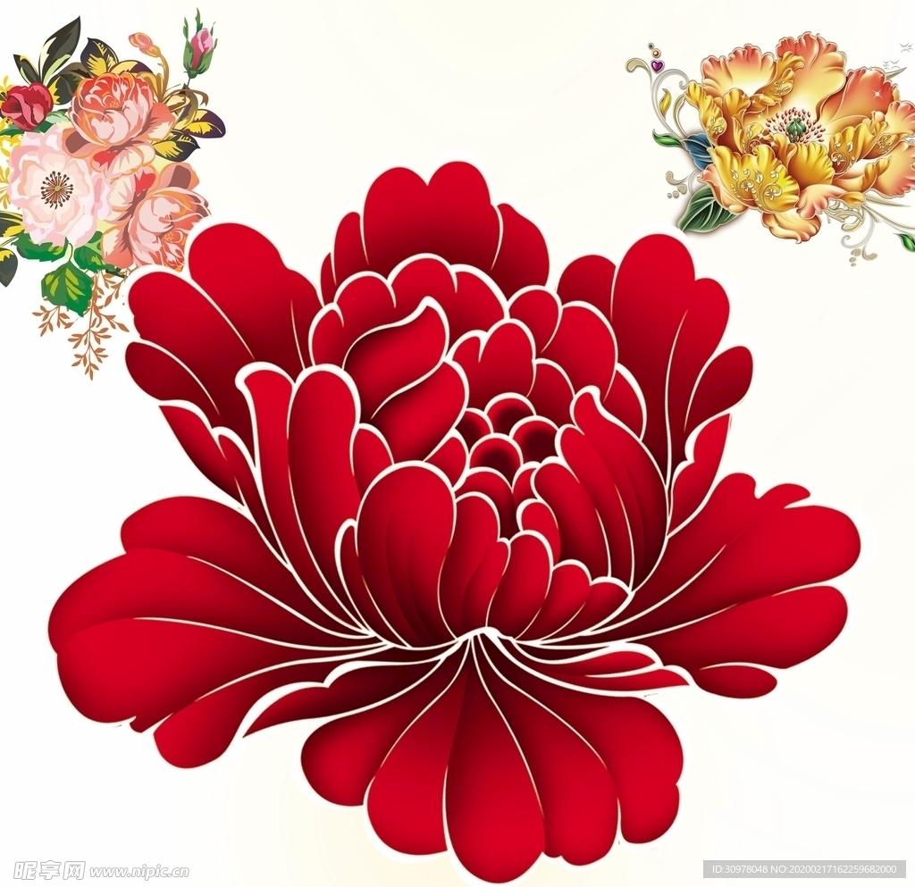 国画牡丹花红花金色花