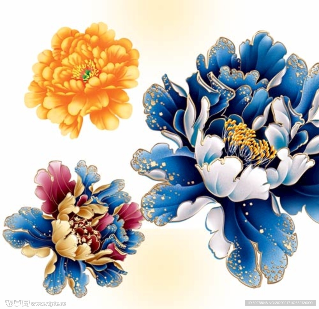 国画牡丹花红花金色花