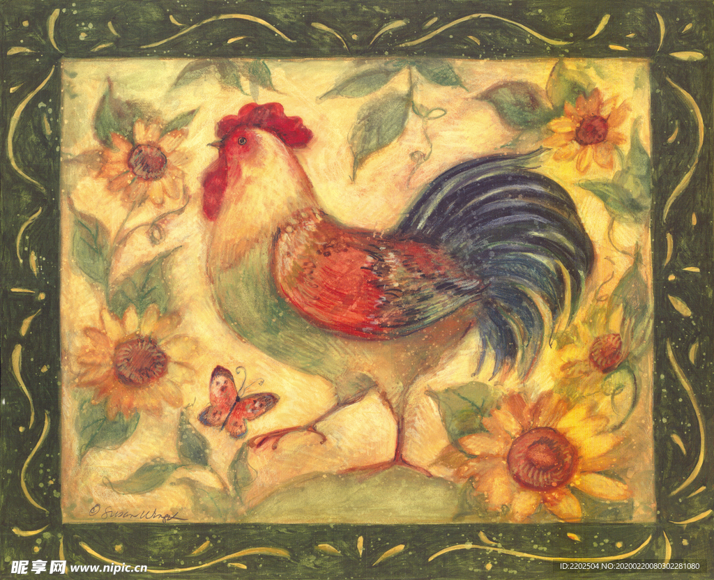 手绘插画 公鸡海报 招贴 油画