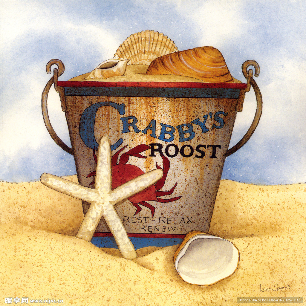 风景油画海边沙滩贝壳欧美装饰画