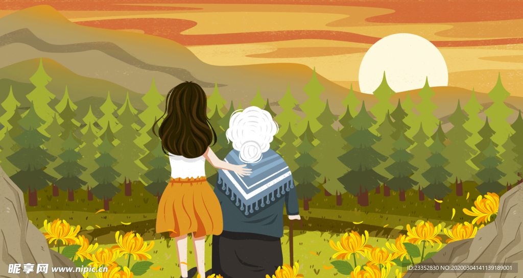 唯美九月九重阳节插画陪奶奶看夕