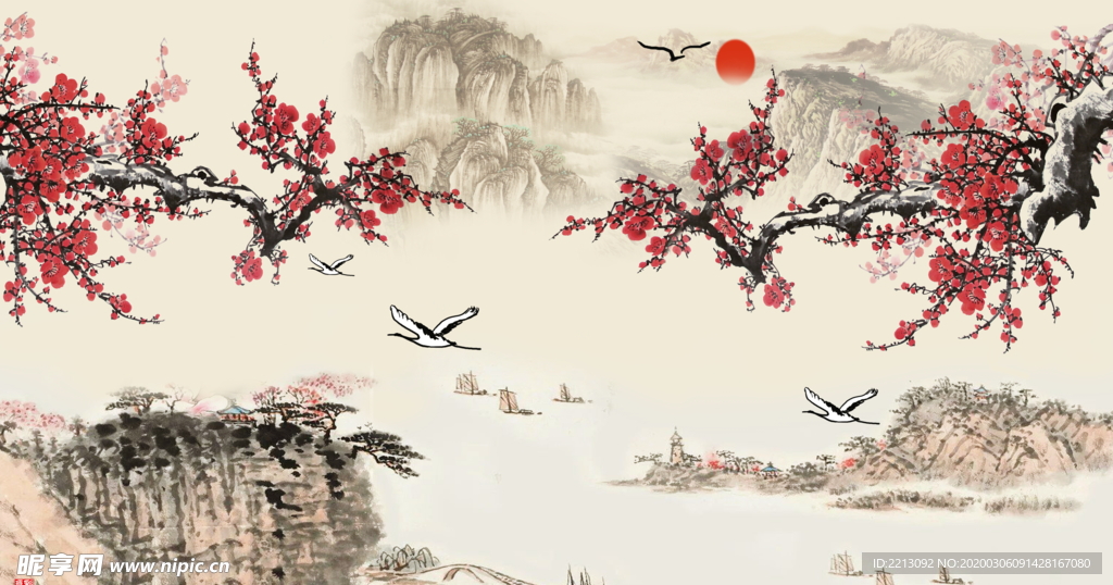 梅花水墨山水背景