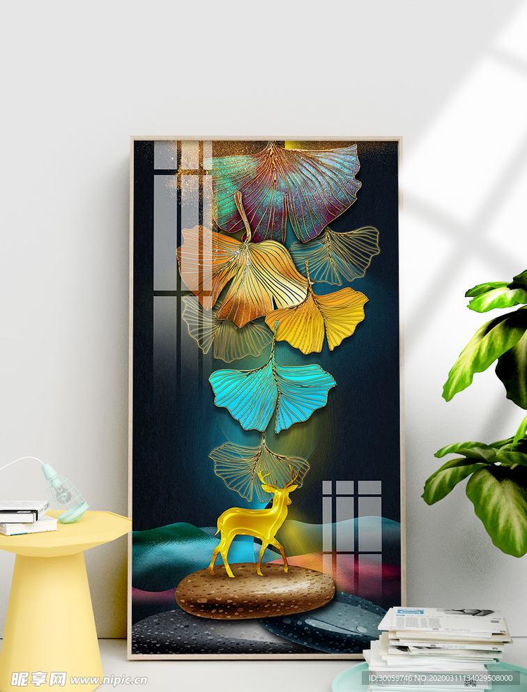 轻奢银杏叶子麋鹿装饰画