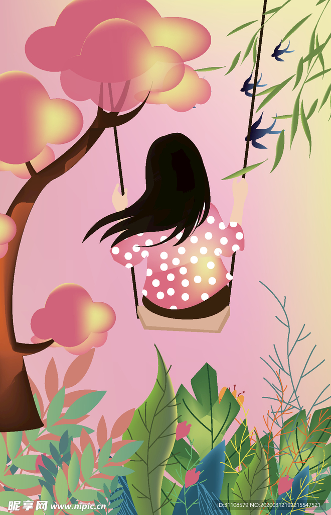 原创春天节气女孩户外荡秋千插画