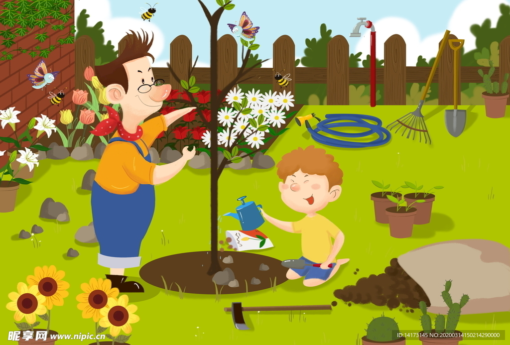 植树父子手绘卡通插画