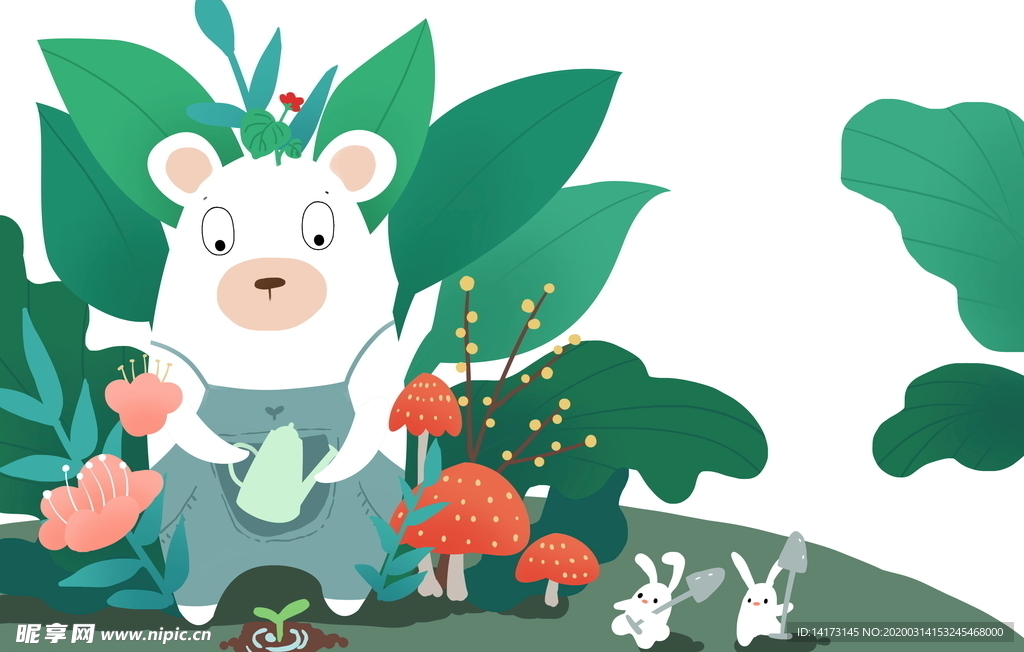 手绘植树小熊卡通动物插画