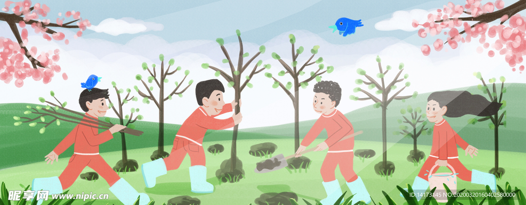 手绘植树节插画图片
