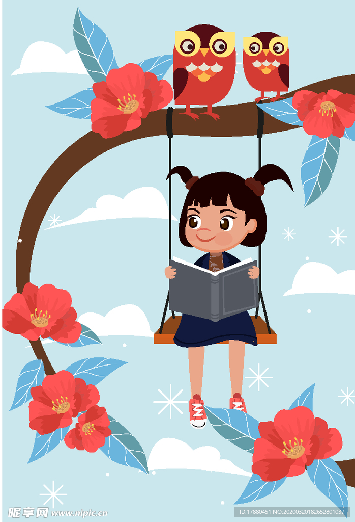 创意花树秋千上读书的女孩