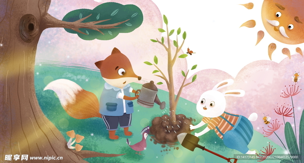 手绘松鼠兔子植树节插画图片