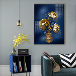 珐琅彩蓝金色牡丹装饰画