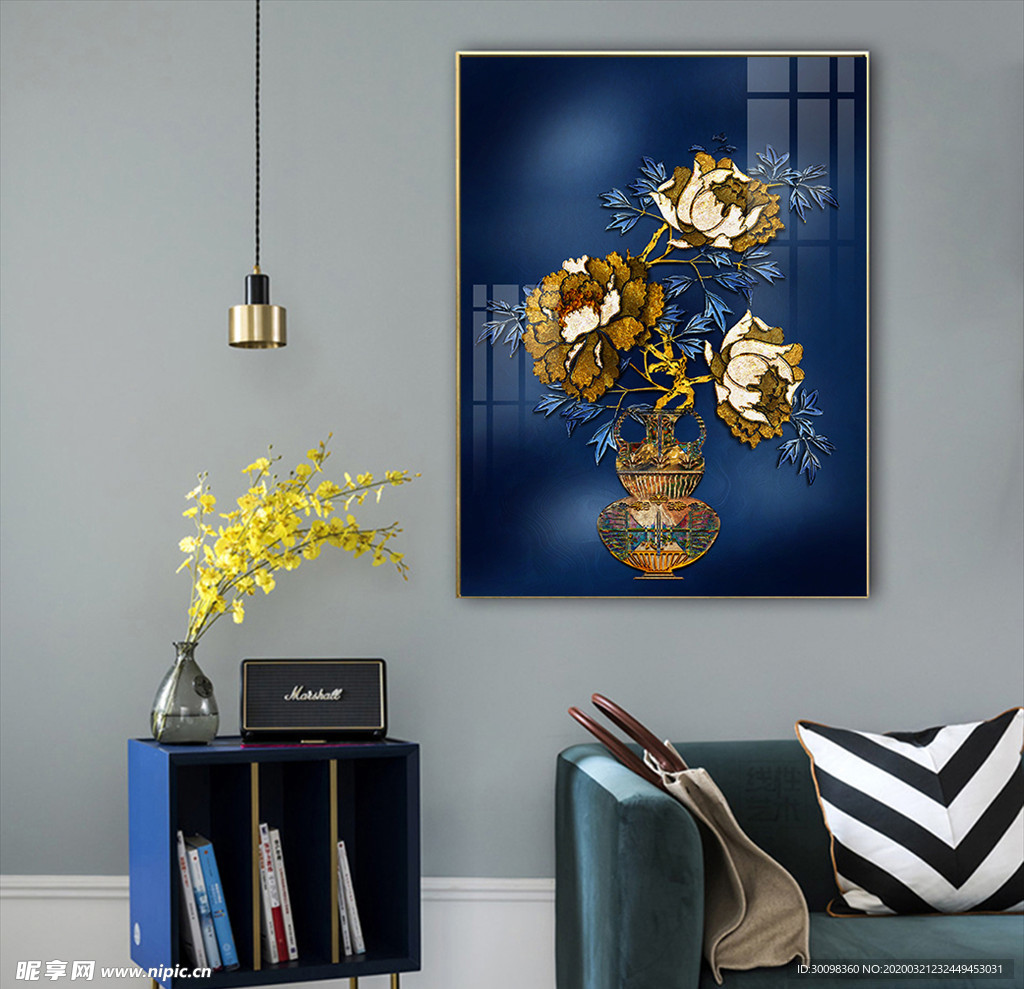 珐琅彩蓝金色牡丹装饰画