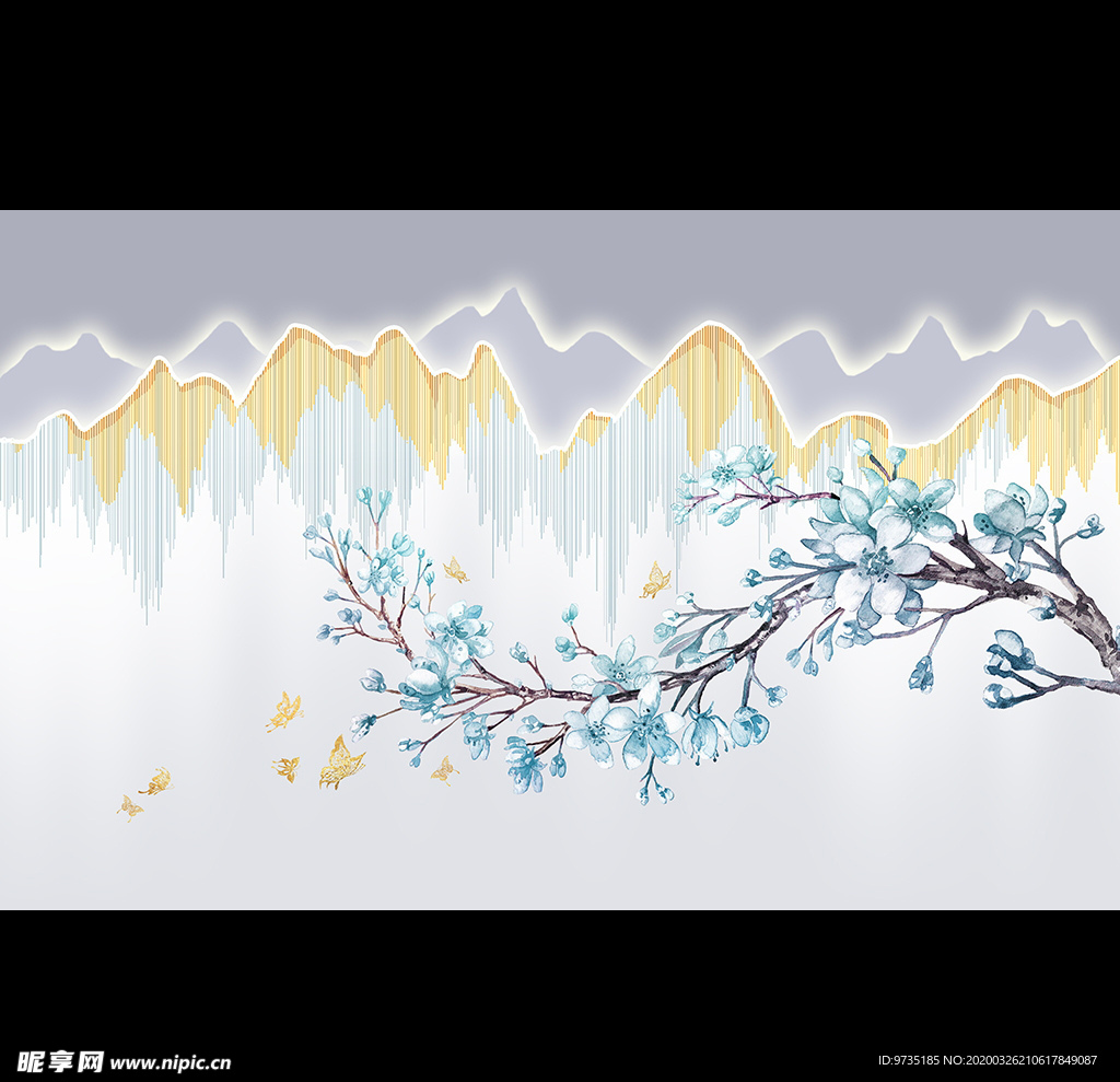 轻奢新中式手绘时尚花壁画背景墙