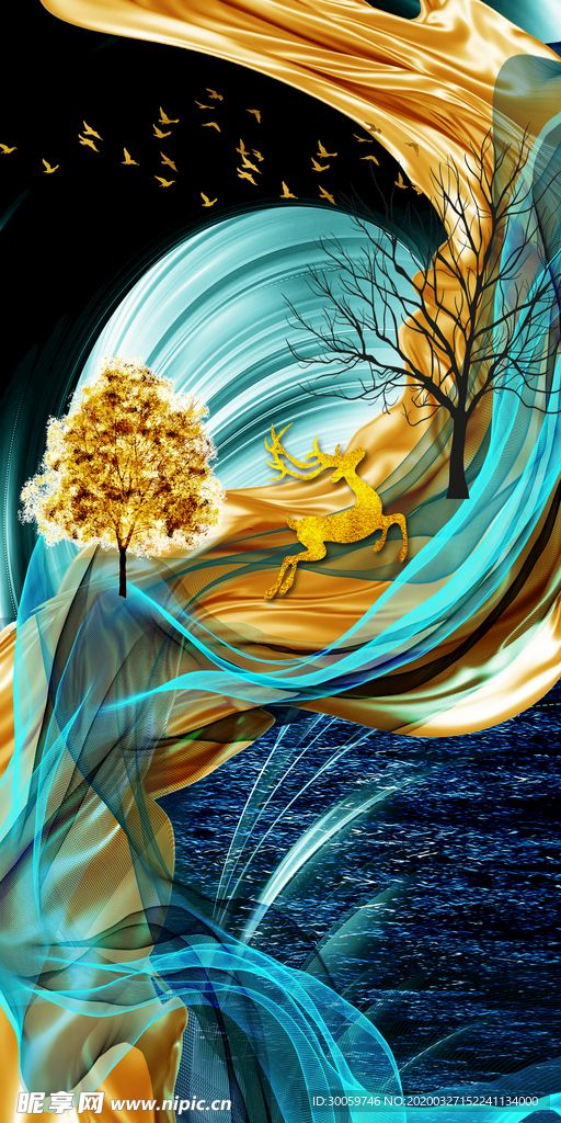 抽象金箔金色绸带金色麋鹿装饰画