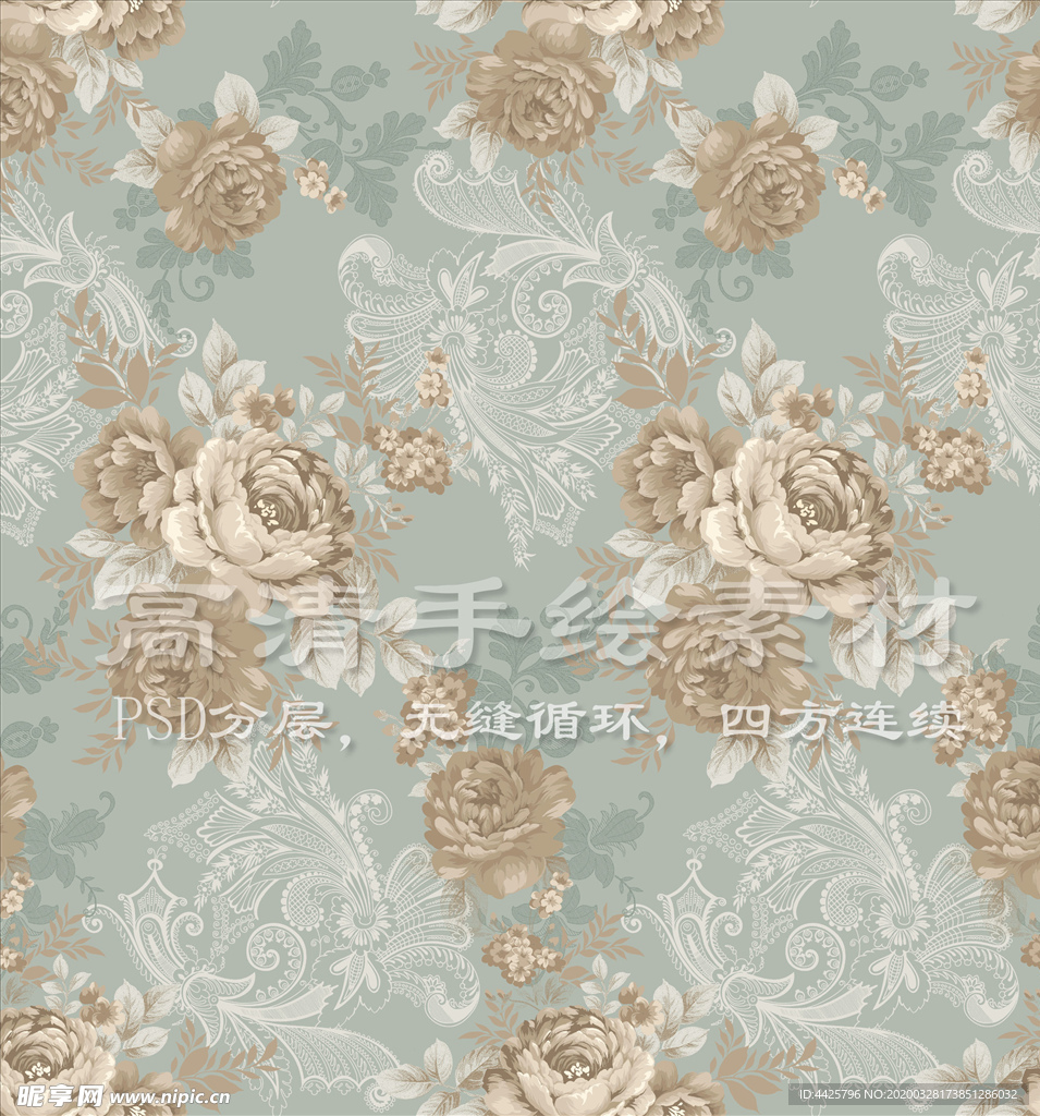 高清手绘花卉墙纸印花