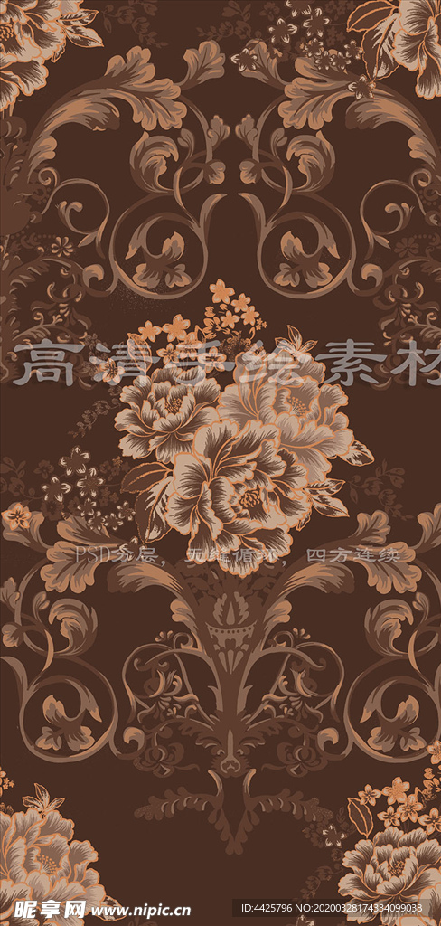 高清手绘欧式牡丹墙纸印花