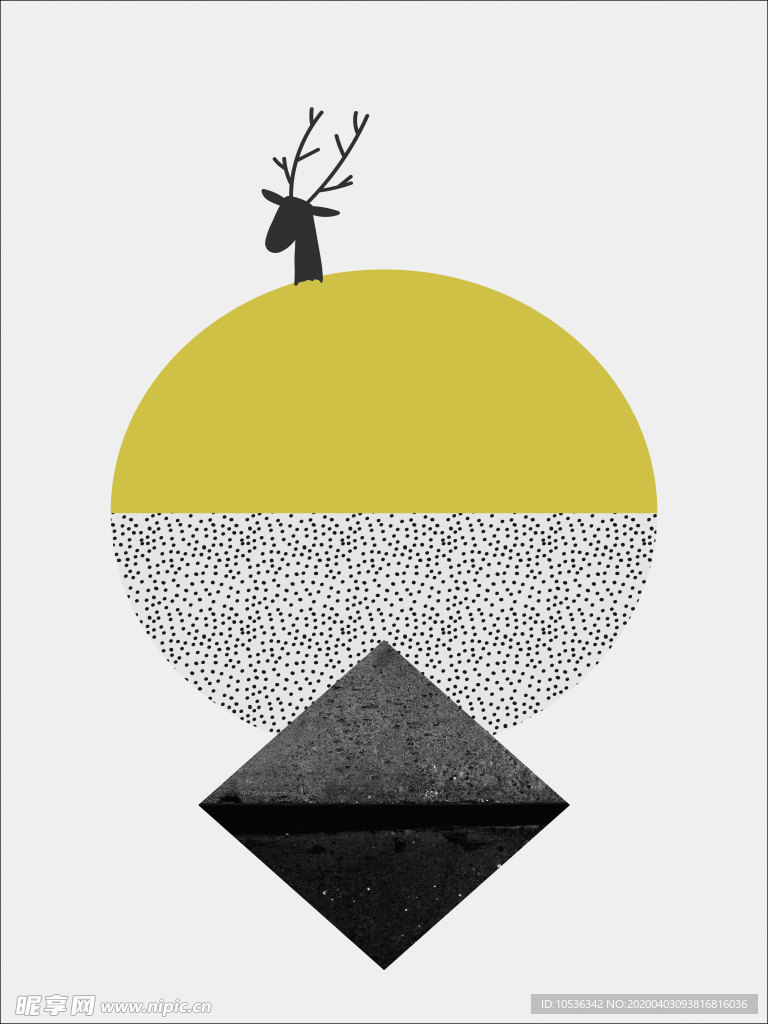 三联画几何抽象画鹿主题