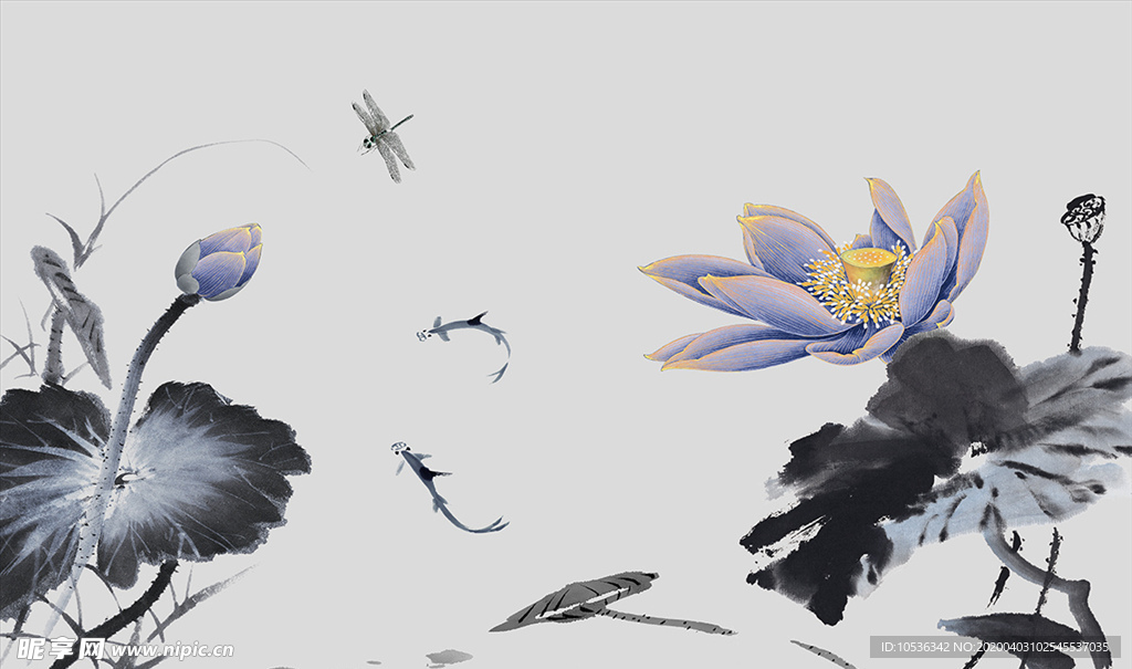 新中式PSD水墨花横版画可三联