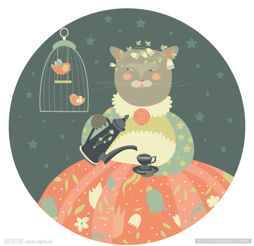 猫夫人北欧森系动物插画