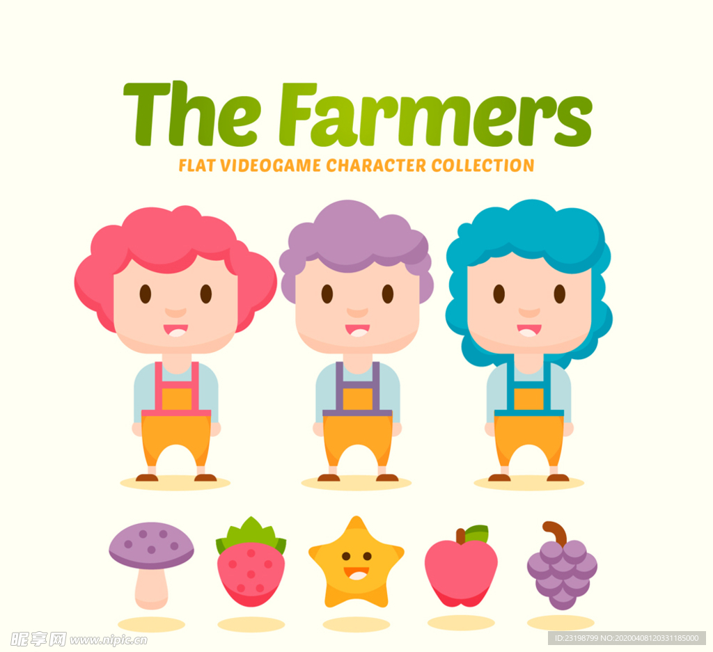 3款卡通农场游戏人物和4款水果