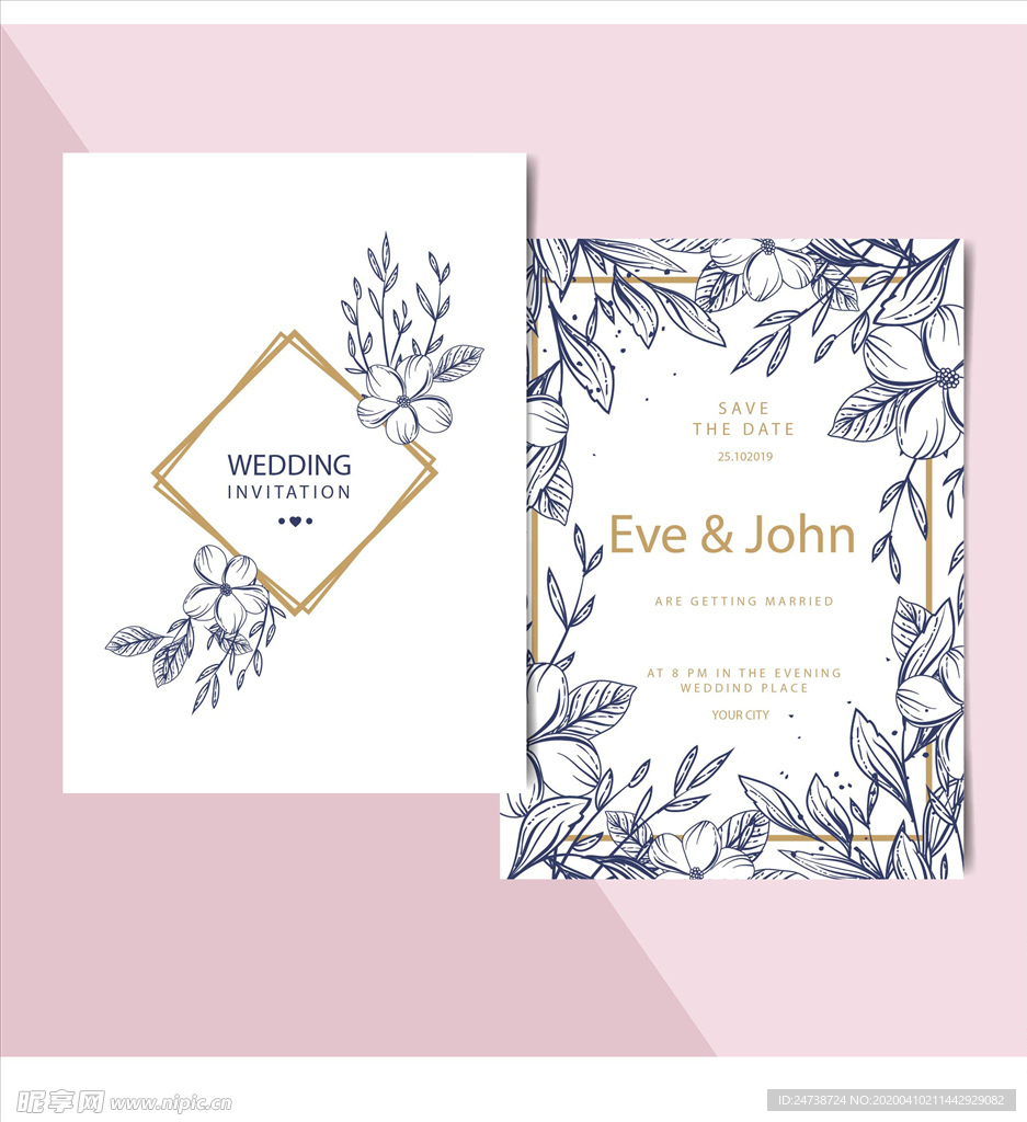 手绘花卉婚礼邀请卡正反面