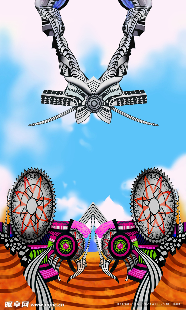 蓝天机械抽像印花