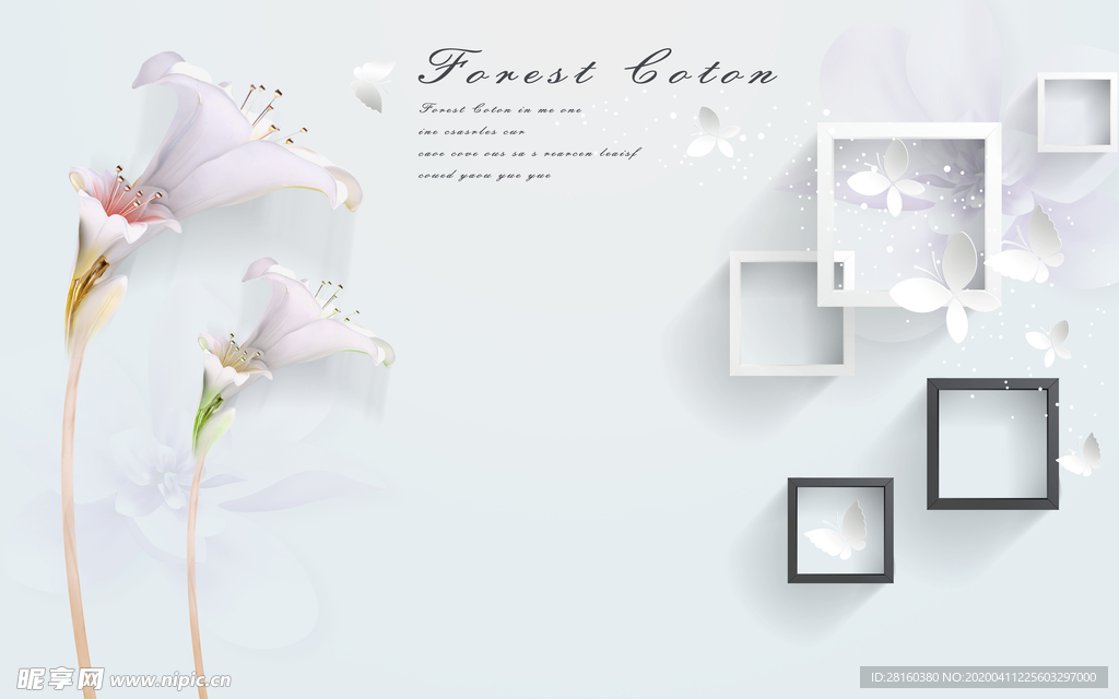 简约 方框 英文 花卉蝴蝶