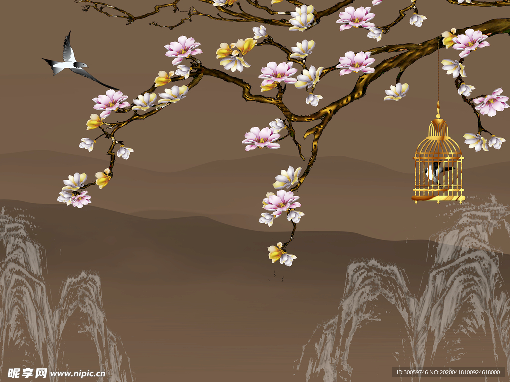 工笔花鸟新中式电视背景墙