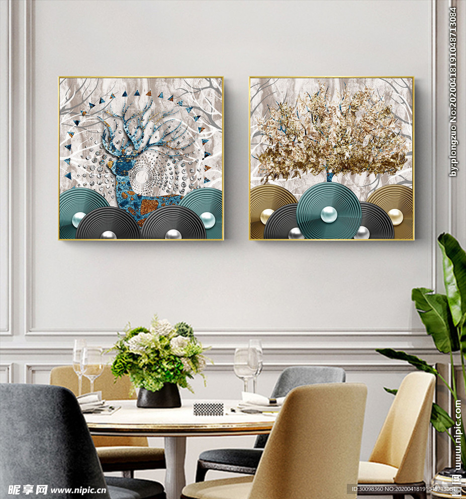 麋鹿几何创意发财树装饰画