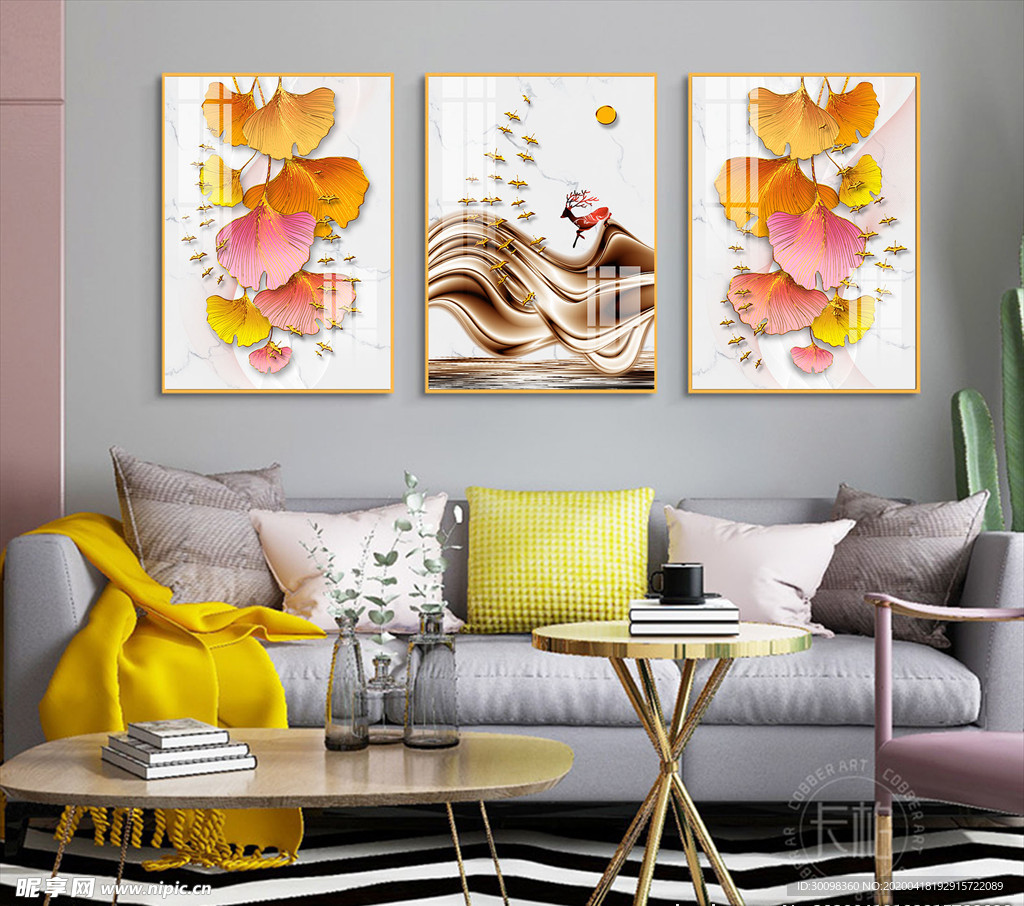 抽象新中式轻奢金色山水麋鹿树叶