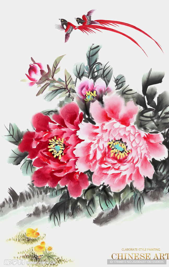 中式简约花开富贵牡丹花鸟玄关画