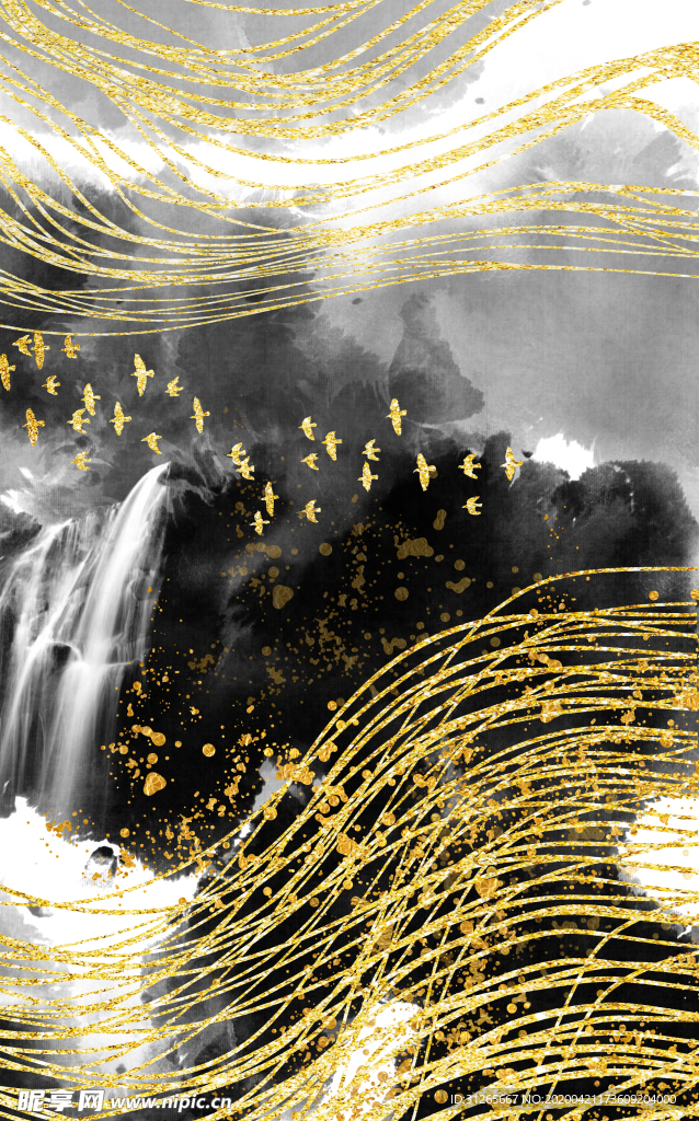 轻奢油画装饰画三联喷绘素材