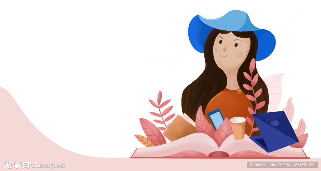扁平渐变风看书的女孩