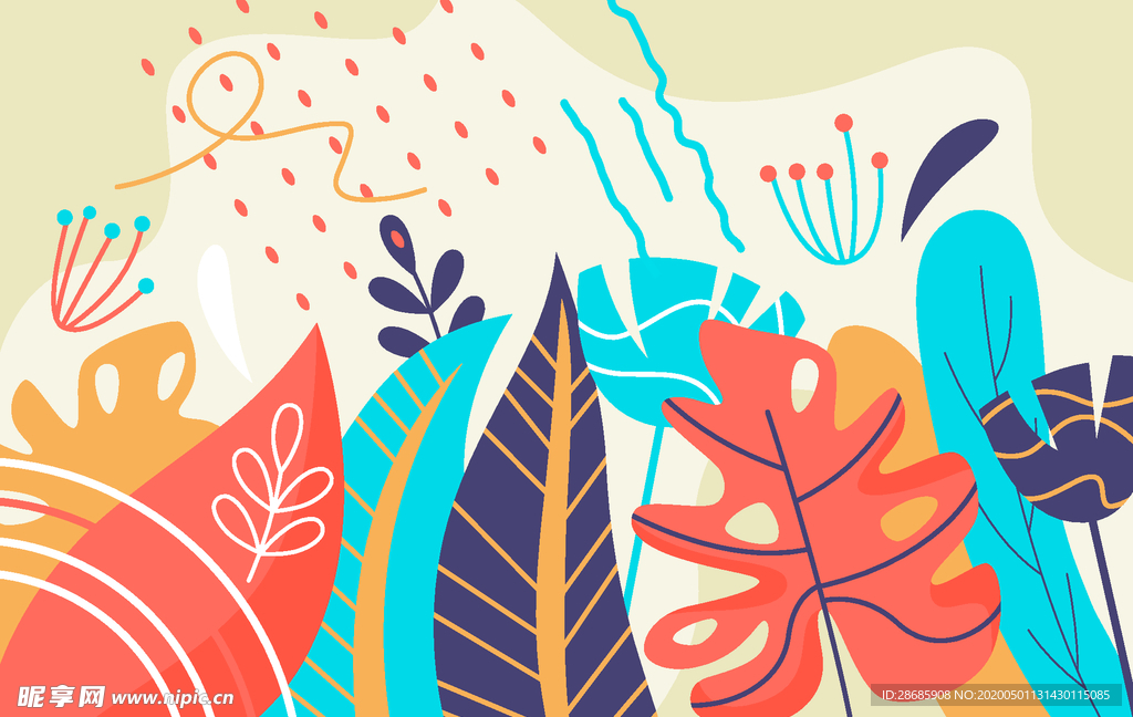 线条矢量手绘花草植物