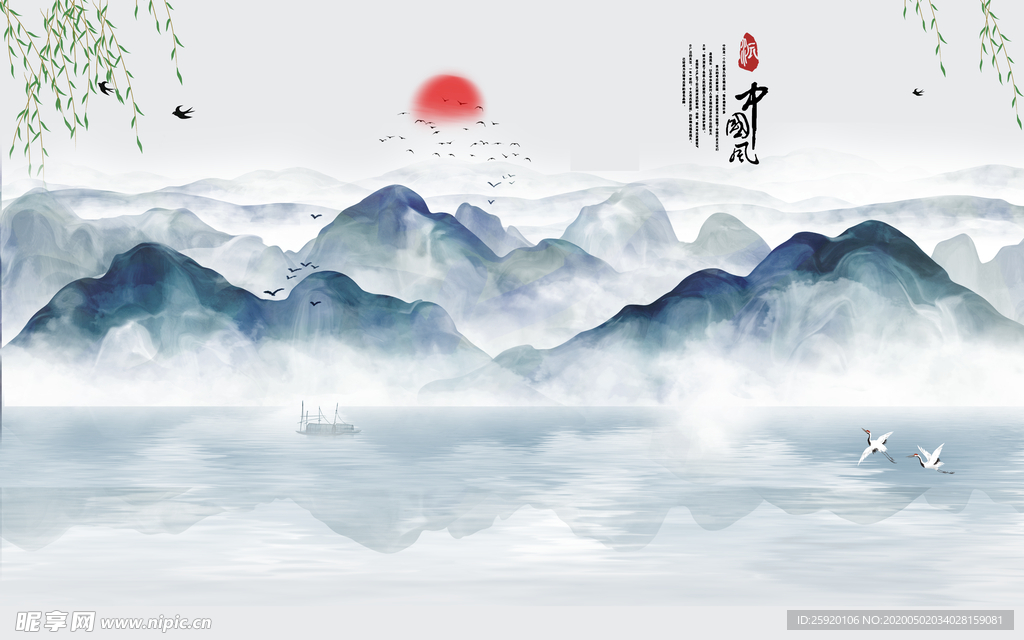 中国风水墨电视背景墙